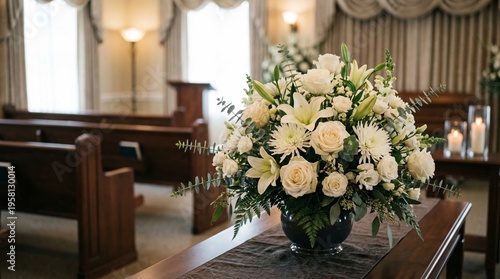 White flower bouquet in vase inside funeral home. Floral arrangement on table for memorial service. Religious gathering place for bereavement and mourning. Elegant decor for final tribute.