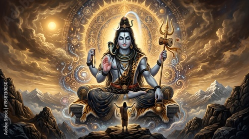 Divine depiction of Lord Shiva in a mystical mountain landscape