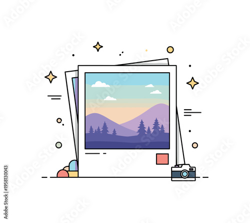 Vintage photography aesthetic classic instant photo with a soft pastel landscape silhouette appearing within the frame. A compact concept