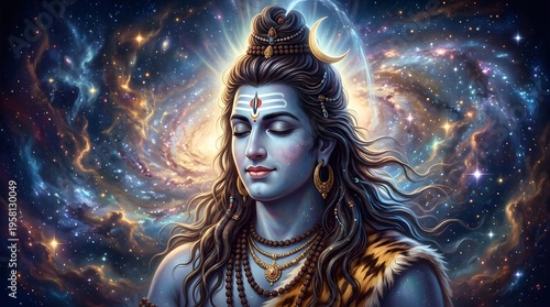 Divine depiction of Lord Shiva meditating amidst cosmic galaxy