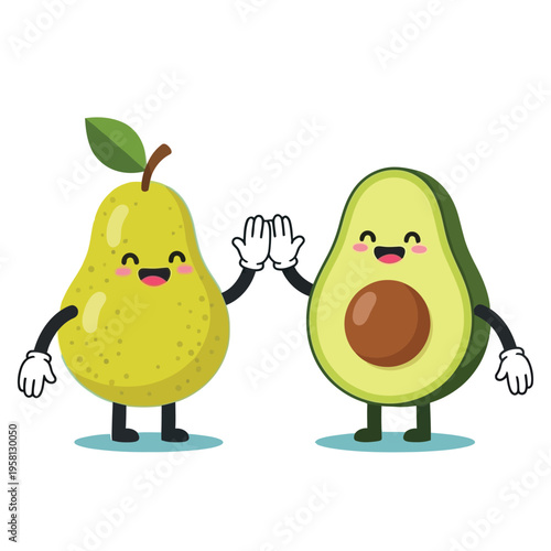Friendly cartoon pear and avocado characters high-fiving each other cheerfully