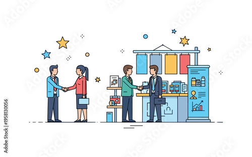 Business networking at trade expo professionals exchanging handshakes near a small exhibition booth with banners and product icons. Decorative stars suggest