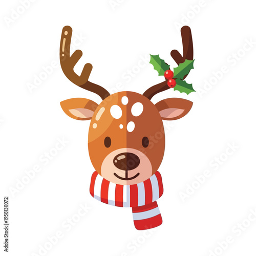 A cheerful reindeer with festive holiday accessories and a cheerful expression