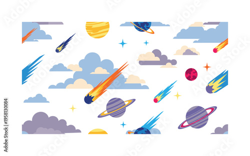 celestial sky observation with telescopes, meteors, stars and planets in structured composition, seamless pattern, repeating pattern, surface design, textile