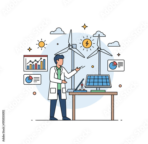Sustainable power development a scientist comparing wind and solar energy models on a small research desk while chart icons represent data driven renewable