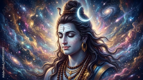 Divine depiction of Shiva with cosmic background and serene expression