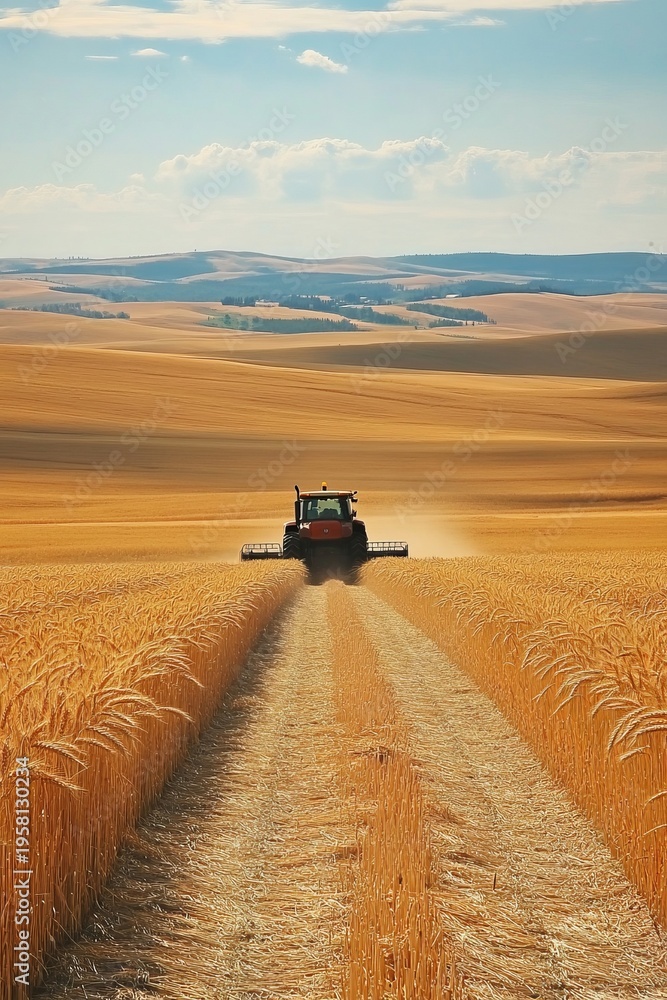 Fototapeta premium Expansive golden wheat field with a tractor harvesting under a bright blue sky on a sunny day.