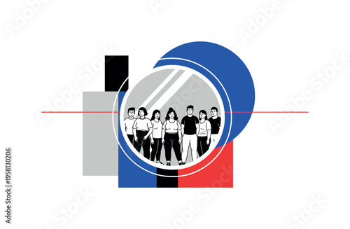 Black and white mirror reflecting diverse body types standing confidently, bold blue circle behind mirror symbolizing self-acceptance, thin red horizontal line