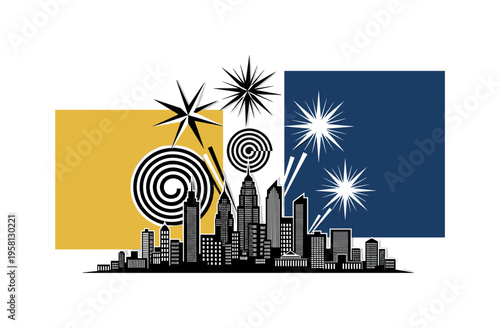 black-and-white retro city skyline silhouette with fireworks bursting above it, geometric circles and star-like shapes forming the explosions, mustard yellow