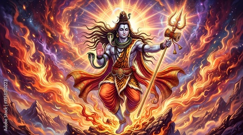 Colorful depiction of a deity with trident and vibrant flames
