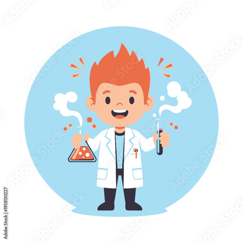 Excited young scientist conducting experiments with lab equipment and chemical reactions