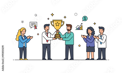Corporate awards ceremony moment with a professional receiving a trophy while colleagues applaud nearby. Small star accents highlight recognition, achievement