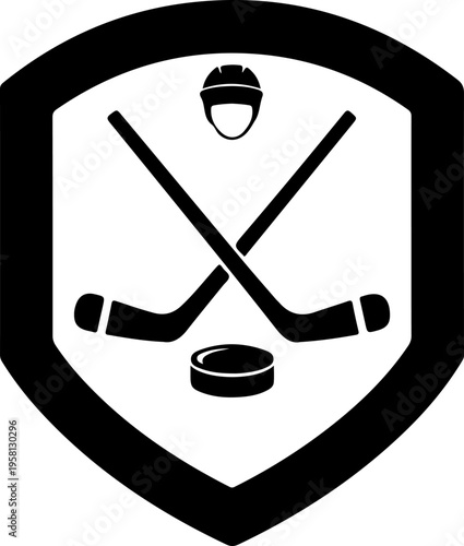 Vector hockey shield icon with crossed sticks and puck