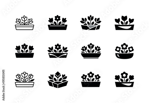 Designing a flower bed. Icon set. Set Logo of Designing a flower bed: flower arrangement. harmonious logo variations of the same emblematic concept, each with
