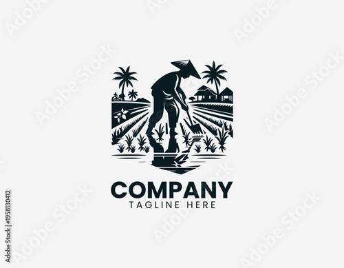 A farmer is illustrated planting rice in a field with rural landscape in a clean modern black vector logo illustration style on a white background