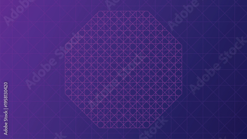 Intricate geometric pattern featuring an octagon filled with small squares and triangles on a purple grid background with gradient