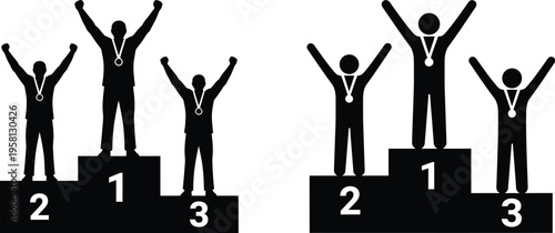 Two distinct sets of black silhouette figures standing on podiums celebrating their victory awards