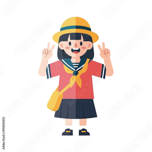 Cheerful schoolgirl making peace sign with bright school attire