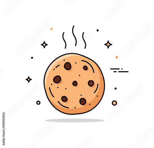 Cookies freshly baked round cookie with visible chocolate chips and subtle steam lines rising above. A warm editorial scene expressing homemade comfort and