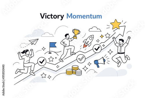 Victory Momentum. Chart line moving upward with stars, checkmarks, and small celebratory icons along the path. The mood is optimistic and motivating, showing