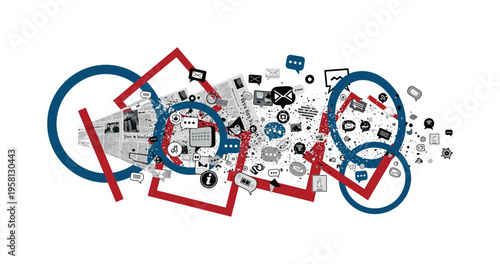 monochrome newspaper transforming into floating speech bubbles and message icons, bold circular halos and rectangular shapes suggesting information