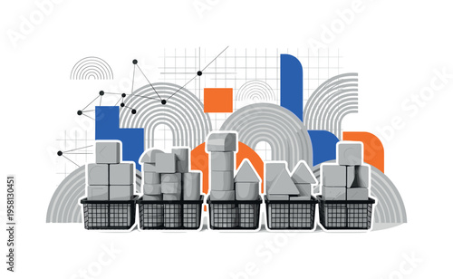 toy blocks stacked and sorted into separate baskets, monochrome realistic objects with white cut-out outline, layered semicircles and structural grid lines