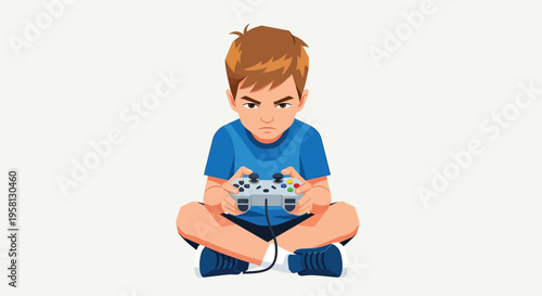 Young boy sitting with video game controller.