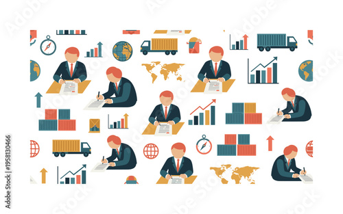 export import agreements seamless pattern, businessmen signing deals, shipping trucks, cargo containers, charts and global icons arranged in a repeating