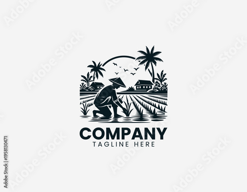 A farmer is illustrated planting rice in a field with rural landscape in a clean modern black vector logo illustration style on a white background