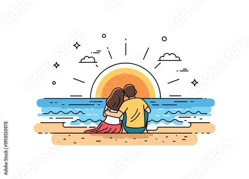 Sunset beach romance couple sitting together on the sand watching a glowing sunset while small waves gently reach the shore. Warm visual metaphor of love,
