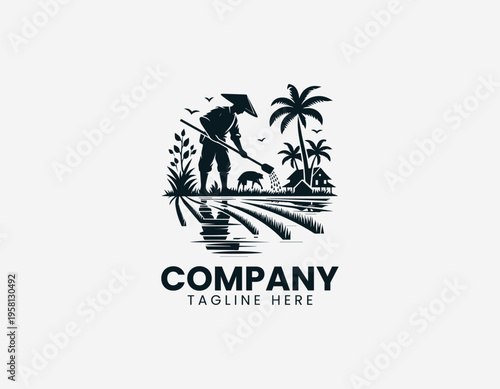 A farmer is illustrated planting rice in a field with rural landscape in a clean modern black vector logo illustration style on a white background