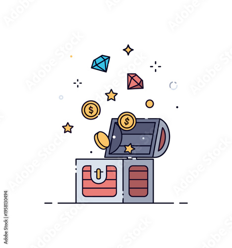 Virtual reward box a small glowing treasure chest releasing coins gems and star symbols into the air symbolizing game progression rewards and collectible