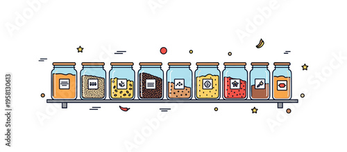 Kitchen storage jars set of transparent jars filled with grains and spices arranged in tidy rows on a small shelf line. A concise visual metaphor for organized