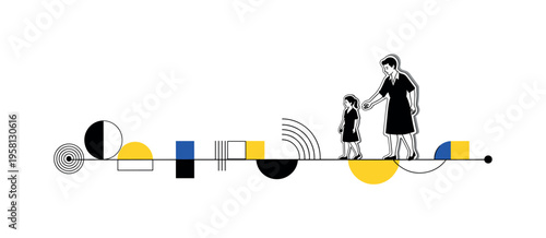 teacher guiding student along geometric path line abstract circles semicircles lines and geometric blocks symbolizing educational guidance black and white