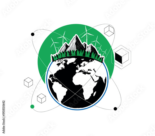 globe with mountains forests and wind turbines growing from it representing eco tourism, black and white cut-out globe with white contour outline, bold green