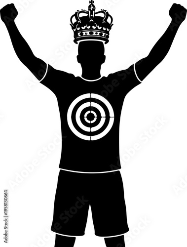 Vector silhouette of a triumphant man wearing a crown with target on shirt