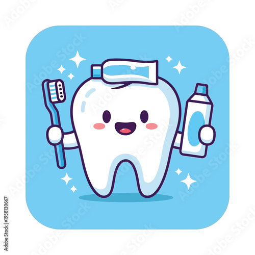 A cheerful cartoon tooth with dental care accessories