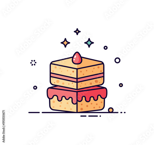 Mini layered cake badge featuring balanced sponge and cream sections with tiny star accents above, representing sweetness and celebratory spirit. The