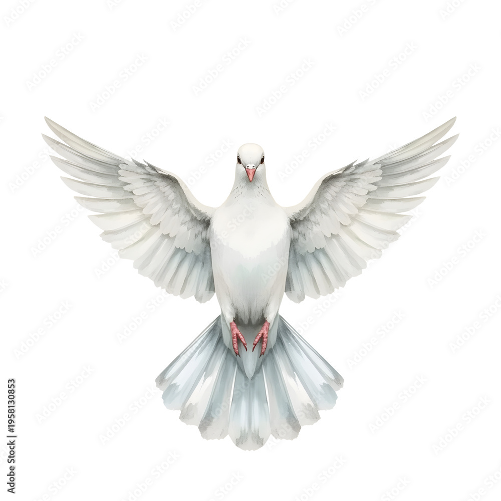 Obraz premium Dove with outstretched wings spreading peace and serenity on a white background