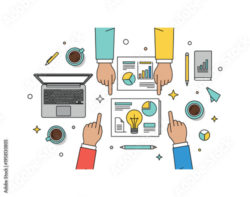 Collaborative workspace with laptops, sketches, and coffee cups, team members pointing at ideas with small decorative stars, highlighting inspiration and