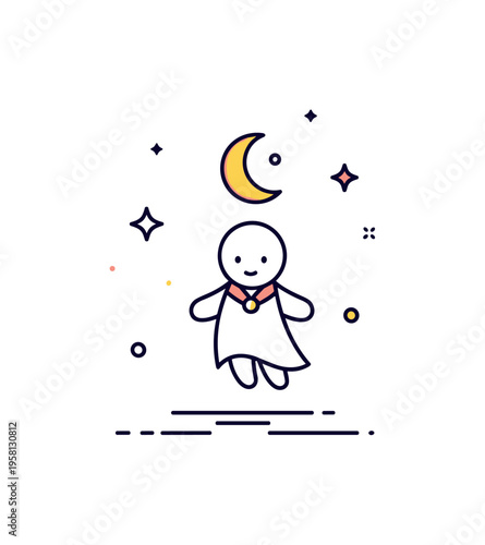 Celestial spirit creature illustrated by a small floating figure with soft crescent moon and star accents, expressing cosmic fantasy and ethereal presence. The
