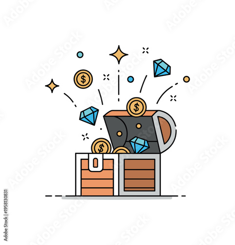 Loot box gaming reward a glowing treasure chest opening with coins gems and small star icons bursting upward, expressing surprise rewards and excitement of in