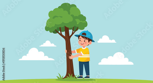Young Boy Wearing Blue Cap Standing Near Tree.