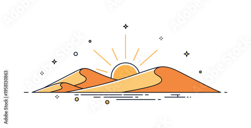 Desert sunrise over dunes first sunlight rising above curved sand hills while warm rays spread gently across the desert horizon. The scene expresses renewal,