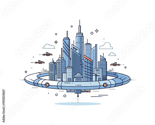 Orbital megacity concept illustrated with modern skyscrapers rising beneath a ring shaped space station while small flying vehicles move through the skyline.