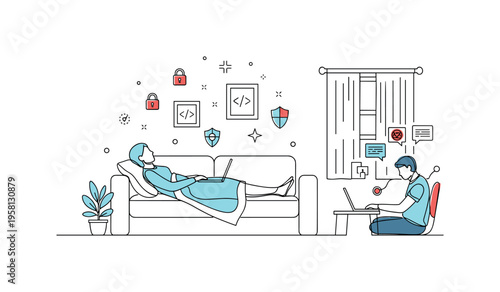 Quiet Home Relaxation. Minimalistic one-line drawing person resting comfortably on a sofa with a blanket in a calm home interior, continuous single black line