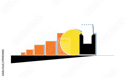 Black and white minimal desk scene with receipt holder standing upright, yellow circle behind as visual highlight, orange geometric rectangles stacked to