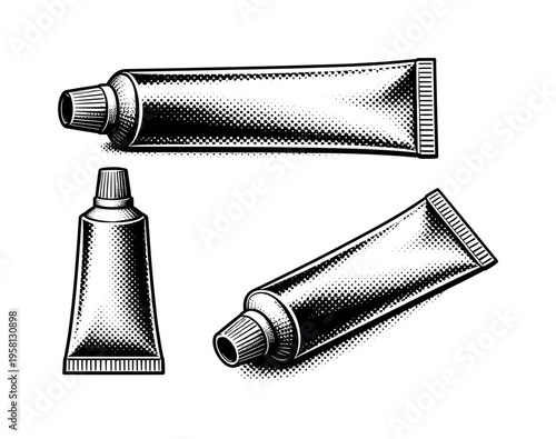 Toothpaste tube ? standard squeezable toothpaste tube with cylindrical body flat crimped end and narrow screw cap shown as a single object. Black and white dot