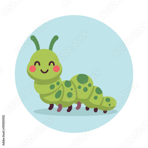 A cheerful cartoon caterpillar with a friendly expression crawling on a leaf.