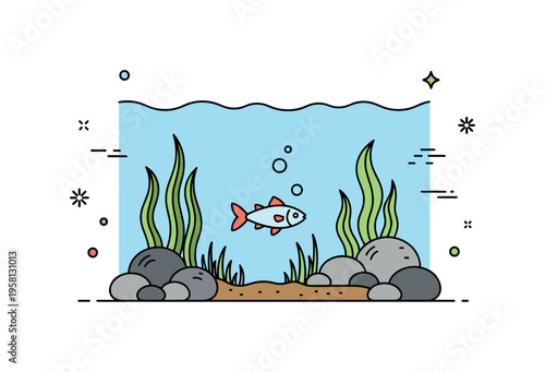 Freshwater lake ecosystem calm water surface above smooth stones, aquatic plants, and a small fish swimming among bubbles creating a quiet natural freshwater